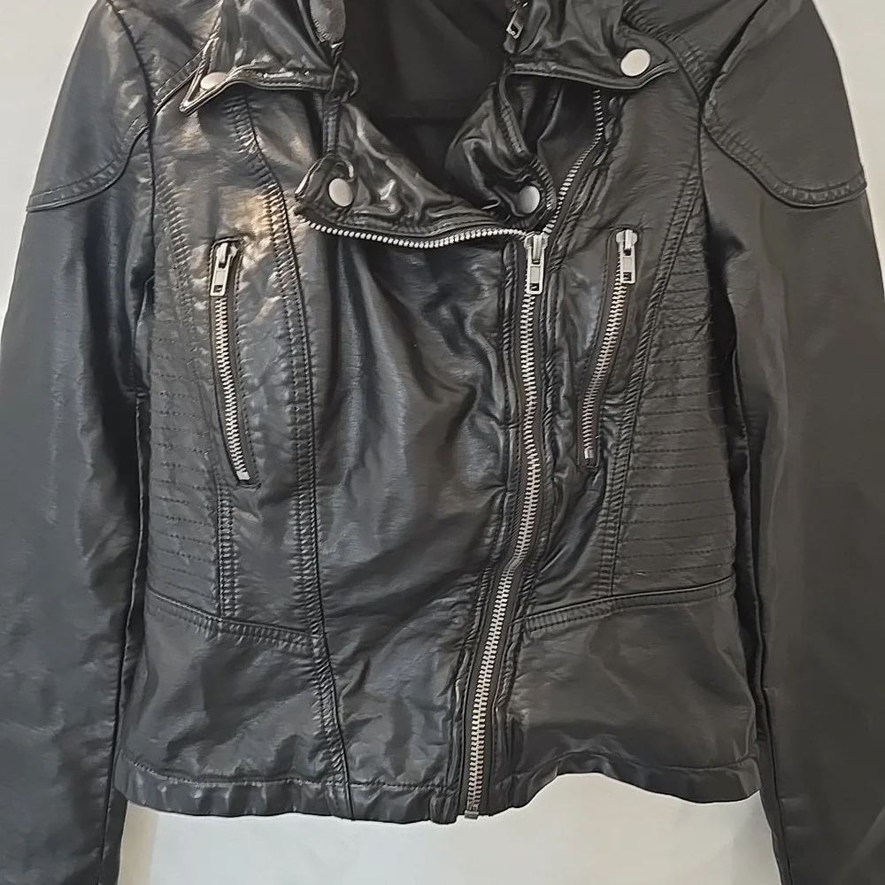 Free‎ People Soft Leather Jacket Moto Bomber Detachable Hood Black Size 4